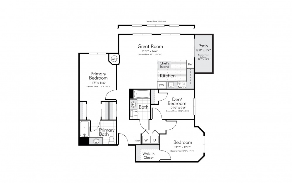 Arlington - 3 bedroom floorplan layout with 2 baths and 1227 square feet.