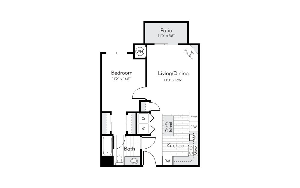 Bedford - 1 bedroom floorplan layout with 1 bathroom and 701 square feet