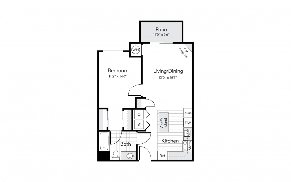 Bedford - 1 bedroom floorplan layout with 1 bath and 701 square feet.