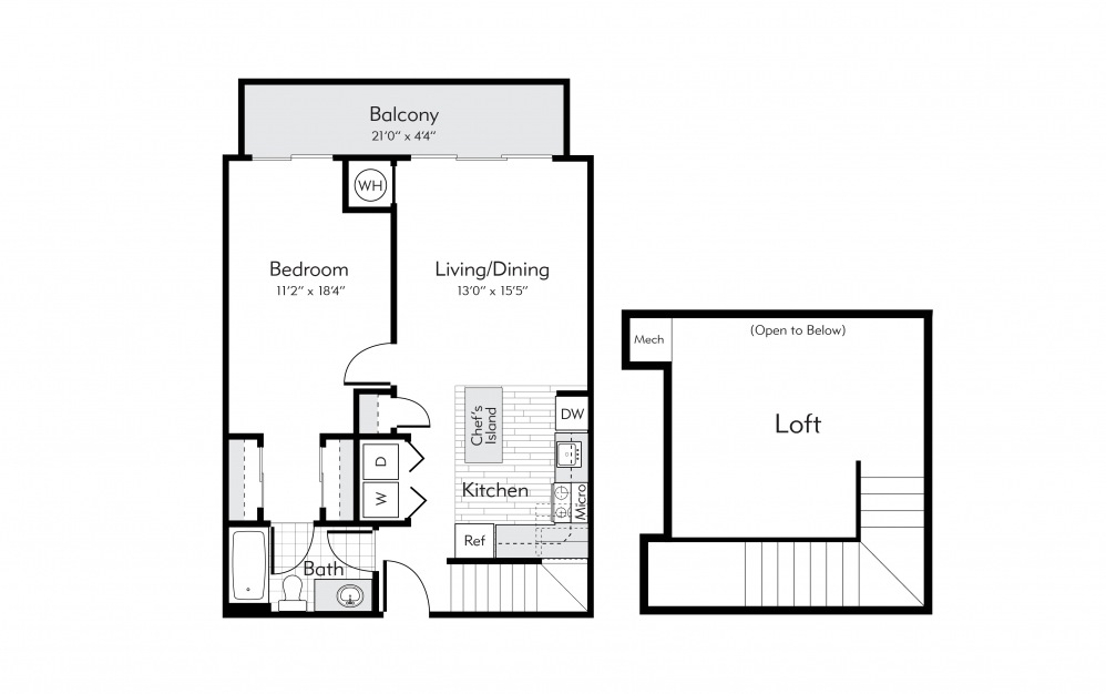 Boston Loft - 1 bedroom floorplan layout with 1 bath and 845 square feet.