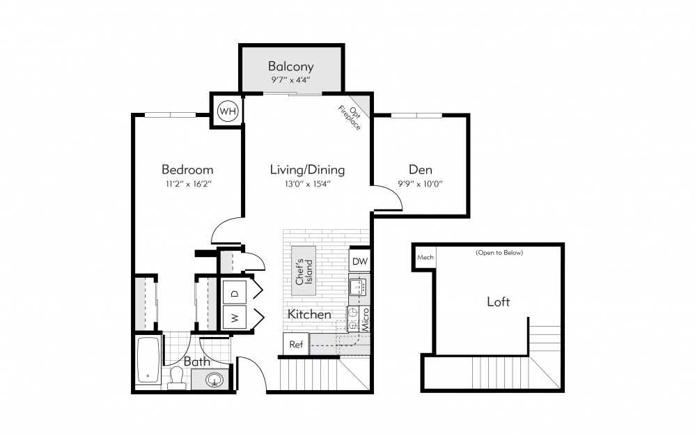Burlington Loft - 1 bedroom floorplan layout with 1 bath and 925 square feet.