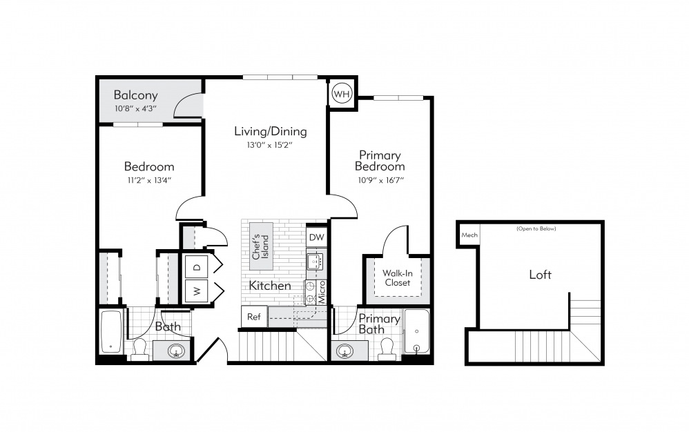 Carlisle Loft - 2 bedroom floorplan layout with 2 baths and 1101 square feet.