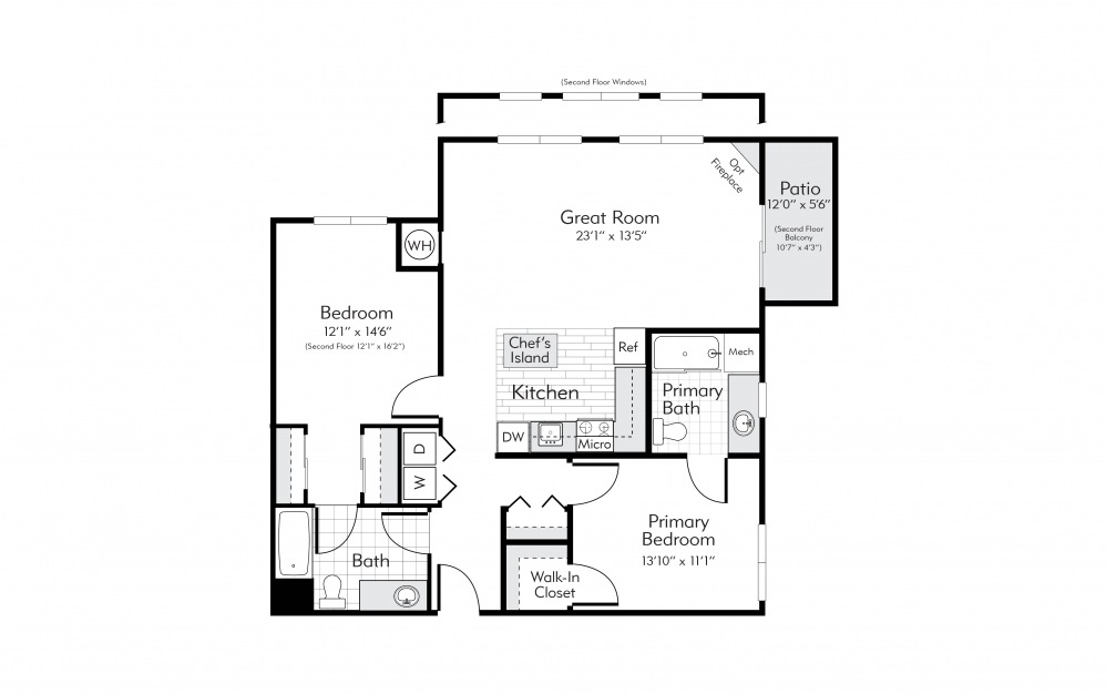 Concord - 2 bedroom floorplan layout with 2 baths and 1107 square feet.