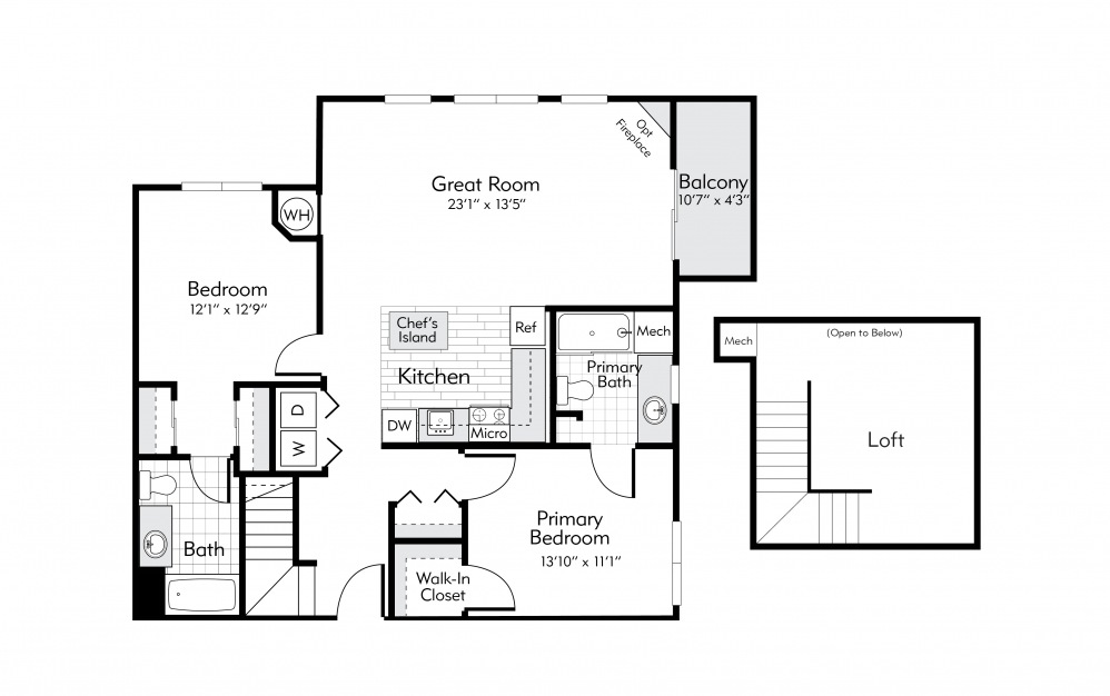 Concord Loft - 2 bedroom floorplan layout with 2 baths and 1237 square feet.