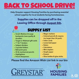 It is that time of year again where we start our annual 'Back To School Drive' initiative! We need your help to gather up all the supplies you can and drop them at the office; please refer to the flyer for the supply list. Alternatively, you can also donate through the Amazon Wish List with the link listed in our Bio. 
 #greystar #greystarne #CommunityLiving #lovewhereyoulive #greystargivesback #theprescottatconcord #fundraise #GreystarLiving Instagram post from @theprescottconcord on June 28, 2024 09:00:39am